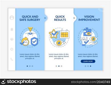 Laser eye surgery blue onboarding vector template. Safe and reliable method. Responsive mobile website with icons. Web page walkthrough 3 step screens. Blue color concept with linear illustration. Laser eye surgery blue onboarding vector template