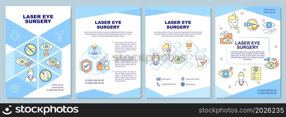 Laser eye surgery brochure template. Vision problems treatment. Flyer, booklet, leaflet print, cover design with linear icons. Vector layouts for presentation, annual reports, advertisement pages. Laser eye surgery brochure template