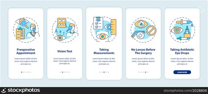 Laser eye surgery preparation onboarding mobile app page screen. Before procedure walkthrough 5 steps graphic instructions with concepts. UI, UX, GUI vector template with linear color illustrations. Laser eye surgery preparation onboarding mobile app page screen