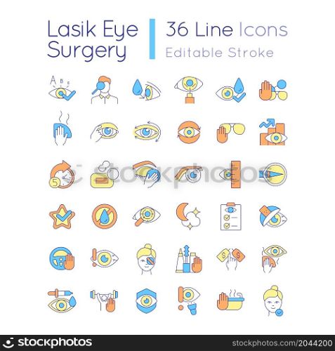 Laser eye surgery RGB color icons set. Preparation before eye operation. Vision improvement after procedure. Isolated vector illustrations. Simple filled line drawings collection. Editable stroke. Laser eye surgery RGB color icons set