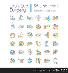Laser eye surgery RGB color icons set. Preparation before eye operation. Vision improvement after procedure. Isolated vector illustrations. Simple filled line drawings collection. Editable stroke. Laser eye surgery RGB color icons set
