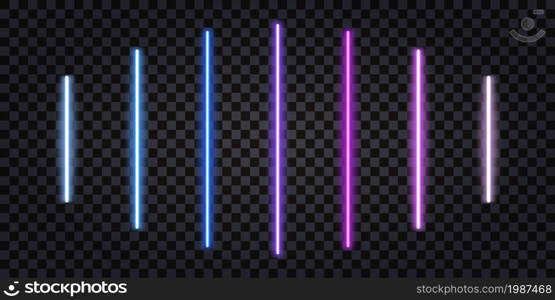 Laser neon sticks. Glowing light beams with fluorescent LED effect. Blue and purple colorful ray stripes.