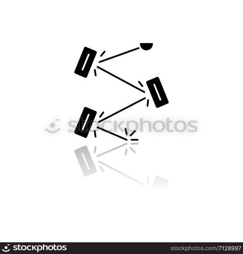 Laser physics drop shadow black glyph icon. Optics branch. Quantum electronics, laser construction, optical cavity. Light reflection. Optical scientific experiment. Isolated vector illustration