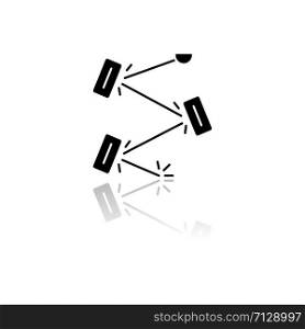 Laser physics drop shadow black glyph icon. Optics branch. Quantum electronics, laser construction, optical cavity. Light reflection. Optical scientific experiment. Isolated vector illustration