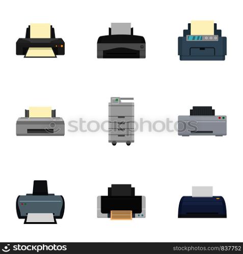 Laser printer icon set. Flat set of 9 laser printer vector icons for web design. Laser printer icon set, flat style