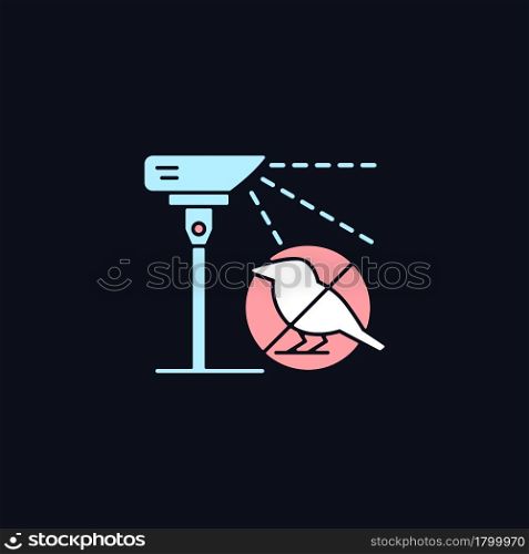 Laser scarecrows RGB color icon for dark theme. Modern device that scares off birds. Reduce pest damage. Isolated vector illustration on night mode background. Simple filled line drawing on black. Laser scarecrows RGB color icon for dark theme