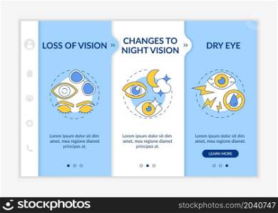 Laser surgery for eyesight onboarding vector template. Side effects possibility. Responsive mobile website with icons. Web page walkthrough 3 step screens. Blue color concept with linear illustration. Laser surgery for eyesight onboarding vector template