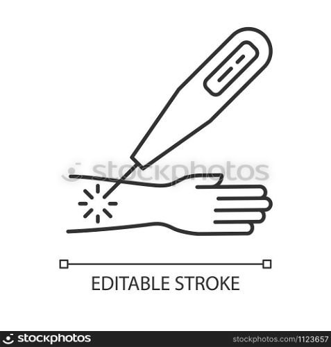 Laser therapy linear icon. Medical procedure. Clinical treatment. Healthcare. Injury therapy. Destroy tumor. Thin line illustration. Contour symbol. Vector isolated outline drawing. Editable stroke