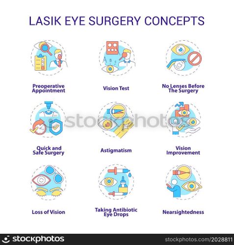 Lasik eye surgery concepts concept icons set. Eyesight improvement. Ophthalmologist vision treatment idea thin line color illustrations. Vector isolated outline drawings. Editable stroke. Lasik eye surgery concepts concept icons set