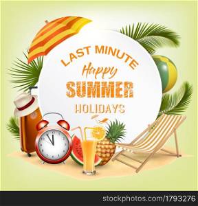 Last Minute. Summer vacation background with Travel items on the beach. Vector.