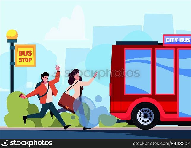 Late for bus. Running business people stop urban transport getting taxi or bus rush lifestyle garish vector cartoon background. Illustration of run for bus transportation. Late for bus. Running business people stop urban transport getting taxi or bus rush lifestyle garish vector cartoon background
