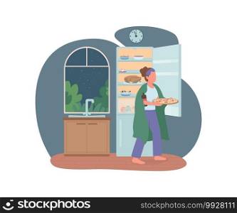 Late night eating 2D vector web banner, poster. Nighttime meal. Woman with fast food in kitchen flat character on cartoon background. Unhealthy eating habits printable patch, colorful web element. Late night eating 2D vector web banner, poster