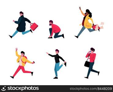 Late people. Business characters running person rush to office speed lifestyle stressed hurrying stressed people garish vector flat illustrations. Worker and businessman fast run. Late people. Business characters running person rush to office speed lifestyle stressed hurrying stressed people garish vector flat illustrations