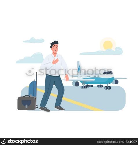 Late plane passenger flat color vector detailed character. Guy in hurry for airplane. Upset businessman with bag. Man miss flight isolated cartoon illustration for web graphic design and animation. Late plane passenger flat color vector faceless character