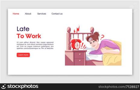 Late to work landing page vector template. Everyday stress website interface idea with flat illustrations. Sleepy female. Wake up call homepage layout. Frustration web banner, webpage cartoon concept