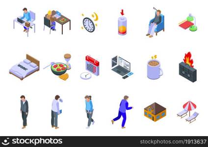 Late work icons set isometric vector. Daily hour. Morning time. Late work icons set isometric vector. Daily hour