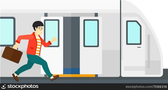 Latecomer man running along the platform to reach the train vector flat design illustration isolated on white background.. Man missing train.