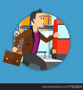 Latecomer man running along the sidewalk to reach a bus. Young man came too late at bus stop. Man with briefcase chasing a bus. Vector flat design illustration in the circle isolated on background.. Latecomer man running for the bus.