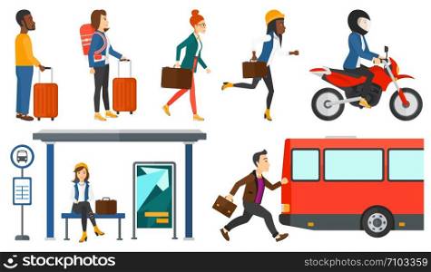 Latecomer man running along the sidewalk to reach a bus. Young man came too late at bus stop. Man with briefcase chasing a bus. Set of vector flat design illustrations isolated on white background.. Transportation vector set with people traveling.