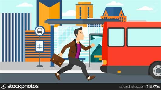 Latecomer man running along the sidewalk to reach the bus on the background of bus stop with skyscrapers behind vector flat design illustration. Horizontal layout.. Man missing bus.