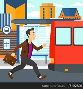 Latecomer man running along the sidewalk to reach the bus on the background of bus stop with skyscrapers behind vector flat design illustration. Square layout.. Man missing bus.