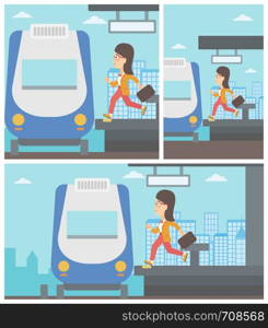 Latecomer woman running along the platform to reach the train. Young woman with briefcase at the train station. Vector flat design illustration. Square, horizontal, vertical layouts.. Woman running along the platform.