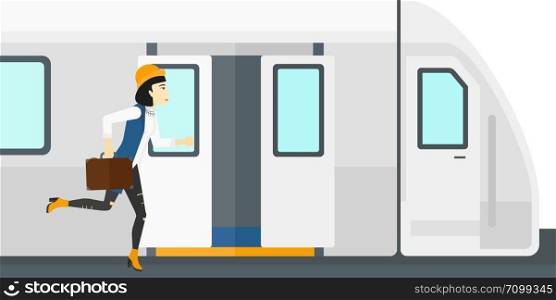 Latecomer woman running along the platform to reach the train vector flat design illustration isolated on white background.. Woman missing train.