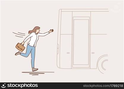 Lateness and lack of time concept. Business woman cartoon character running trying to catch leaving bus outdoors vector illustration. Lateness and lack of time concept