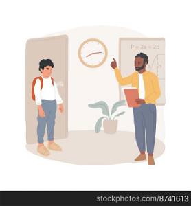 Lateness to classes isolated cartoon vector illustration. Student is being late to school, opens the door in classroom, teacher pointing on watch, punctuality problem, careless vector cartoon.. Lateness to classes isolated cartoon vector illustration.