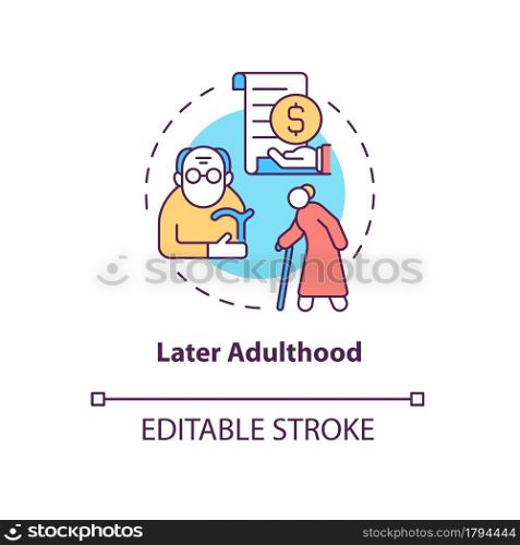 Later adulthood concept icon. Meaning and satisfaction in life way. Senior age and retirement abstract idea thin line illustration. Vector isolated outline color drawing. Editable stroke. Later adulthood concept icon