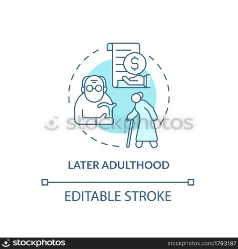 Later adulthood period concept icon. Aging problem. Life meaning understanding. Retirement and senior years abstract idea thin line illustration. Vector isolated outline color drawing. Editable stroke. Later adulthood period concept icon