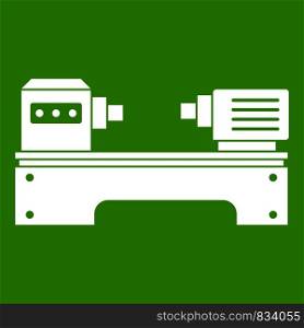 Lathe machine icon white isolated on green background. Vector illustration. Lathe machine icon green