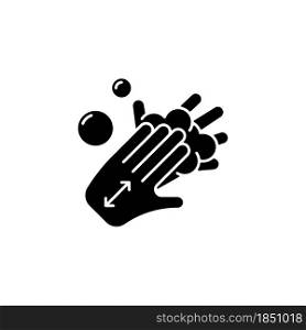 Lathering back of hands black glyph icon. Rubbing hands together with soap. Proper handwashing step. Covering palms with lather. Silhouette symbol on white space. Vector isolated illustration. Lathering back of hands black glyph icon