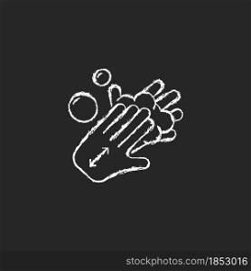 Lathering back of hands chalk white icon on dark background. Rubbing hands together with soap. Proper handwashing step. Covering palms with lather. Isolated vector chalkboard illustration on black. Lathering back of hands chalk white icon on dark background
