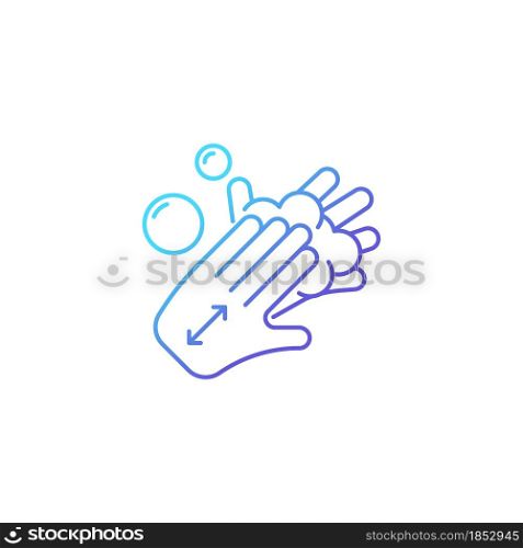 Lathering back of hands gradient linear vector icon. Rubbing hands together with soap. Proper handwashing step. Thin line color symbol. Modern style pictogram. Vector isolated outline drawing. Lathering back of hands gradient linear vector icon