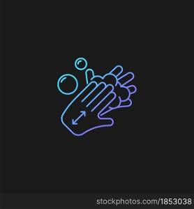 Lathering back of hands gradient vector icon for dark theme. Rubbing hands together with soap. Proper handwashing step. Thin line color symbol. Modern style pictogram. Vector isolated outline drawing. Lathering back of hands gradient vector icon for dark theme