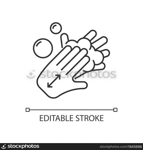 Lathering back of hands linear icon. Rubbing hands together with soap. Proper handwashing step. Thin line customizable illustration. Contour symbol. Vector isolated outline drawing. Editable stroke. Lathering back of hands linear icon
