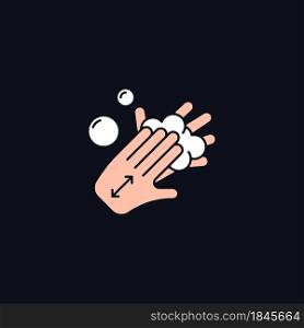 Lathering back of hands RGB color icon for dark theme. Rubbing hands with soap. Covering palms with lather. Isolated vector illustration on night mode background. Simple filled line drawing on black. Lathering back of hands RGB color icon for dark theme