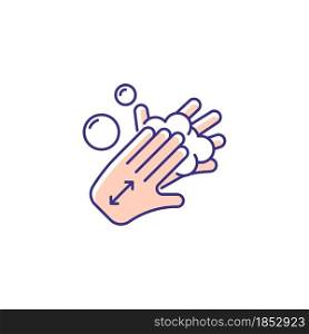 Lathering back of hands RGB color icon. Rubbing hands together with soap. Proper handwashing step. Covering palms with lather. Removing germs. Isolated vector illustration. Simple filled line drawing. Lathering back of hands RGB color icon