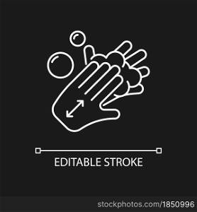 Lathering back of hands white linear icon for dark theme. Rubbing hands together with soap. Thin line customizable illustration. Isolated vector contour symbol for night mode. Editable stroke. Lathering back of hands white linear icon for dark theme