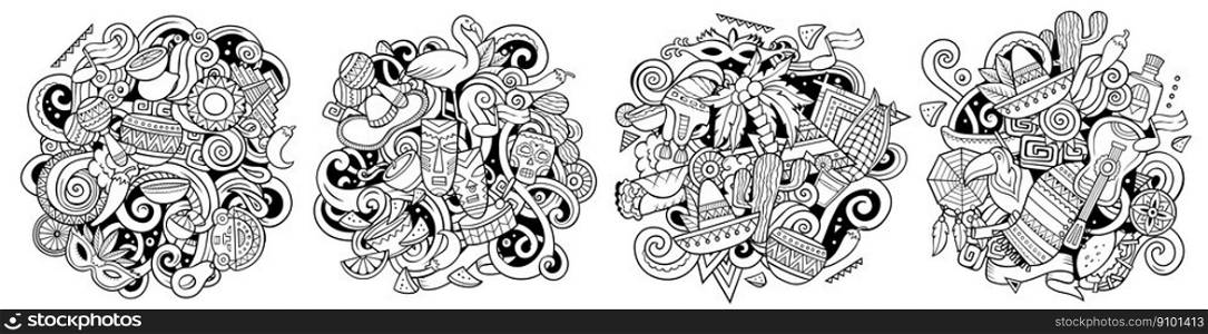 Latin America cartoon vector doodle designs set. Sketchy detailed compositions with lot of Latin American objects and symbols. Latin America cartoon vector doodle designs set.