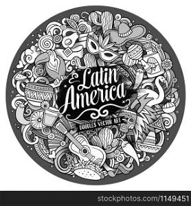 Latin America. Cartoon vector hand drawn Doodle illustration. Line art detailed round design background with objects and symbols. All objects are separated. Latin America vector hand drawn Doodle illustration