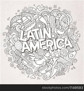 Latin America line art festive background. Cartoon vector hand drawn Doodle illustration. Paper detailed design with objects and symbols. All objects are separated. Latin America. Cartoon vector hand drawn Doodle illustration