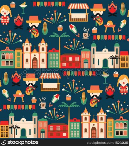 Latin American holiday, the June party of Brazil. Flat seamless pattern with symbolism of the holiday. Latin American holiday, the June party of Brazil.