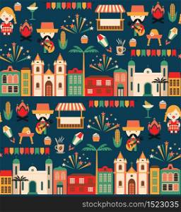 Latin American holiday, the June party of Brazil. Flat seamless pattern with symbolism of the holiday. Latin American holiday, the June party of Brazil.