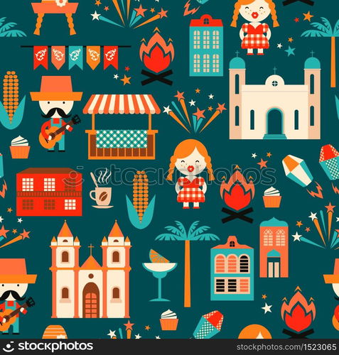 Latin American holiday, the June party of Brazil. Flat seamless pattern with symbolism of the holiday Festa Junina.. Latin American holiday, the June party of Brazil. Flat seamless pattern