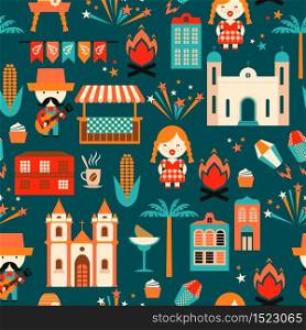 Latin American holiday, the June party of Brazil. Flat seamless pattern with symbolism of the holiday Festa Junina.. Latin American holiday, the June party of Brazil. Flat seamless pattern