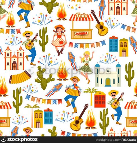 Latin American holiday, the June party of Brazil. Flat seamless pattern with symbolism of the holiday. Latin American holiday, the June party of Brazil. Seamless pattern.