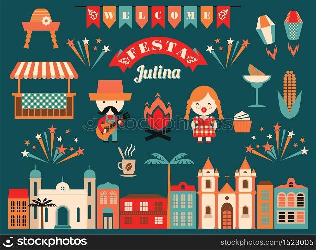 Latin American holiday, the June party of Brazil. Flat illustration with symbolism of the holiday. Latin American holiday, the June party of Brazil.