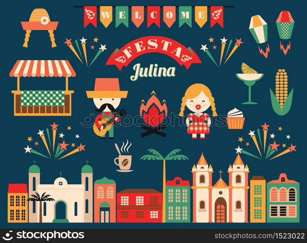 Latin American holiday, the June party of Brazil. Flat illustration with symbolism of the holiday. Latin American holiday, the June party of Brazil.